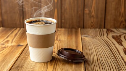 A steaming cup of coffee in a disposable container sits on a rustic wooden table