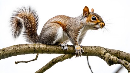 Fototapeta premium A squirrel perched on a tree branch, surrounded by white space