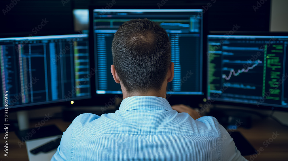 Poster analyst at work: a focused man sits before a bank of computer monitors, displaying complex data and 