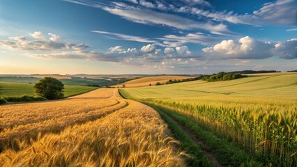 Fototapeta premium Golden Wheat Fields Under a Summer Sky, Rolling Hills and a Dirt Road