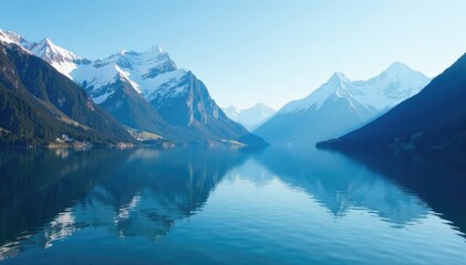 Fototapeta premium Snow-capped mountains reflect on the calm waters of Lake St Moritz, calm atmosphere, lake, peaceful water