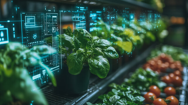 Future of Farming:  A futuristic image of a vertical farm,  highlighted by a digital interface display. The modern technology of vertical farming is visualized with rows of vibrant green vegetables. - Powered by Adobe