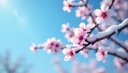 Obraz premium snow-covered plum blossom branches against a bright blue sky, cold weather scenery, snow on trees