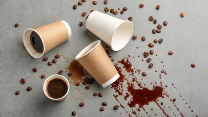 Spilled Coffee and Scattered Beans An Image of Disposable Cups and a Messy Spill