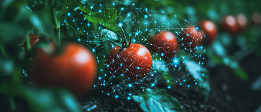 Future of Farming:  A vibrant red tomato on a vine glows with an intricate network of blue digital lines, representing the merging of technology and agriculture for a sustainable future.  - Powered by Adobe