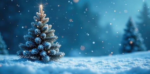 Snowflakes dance around a frozen Christmas tree on a blue winter background, winter, peaceful, snowflakes