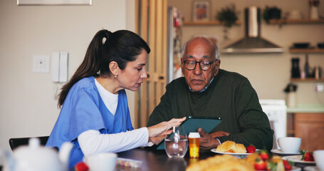 Tablet, conversation and nurse with senior man at assisted living for diet meal plan explanation. Digital technology, healthcare and caregiver with elderly patient for medication in retirement home