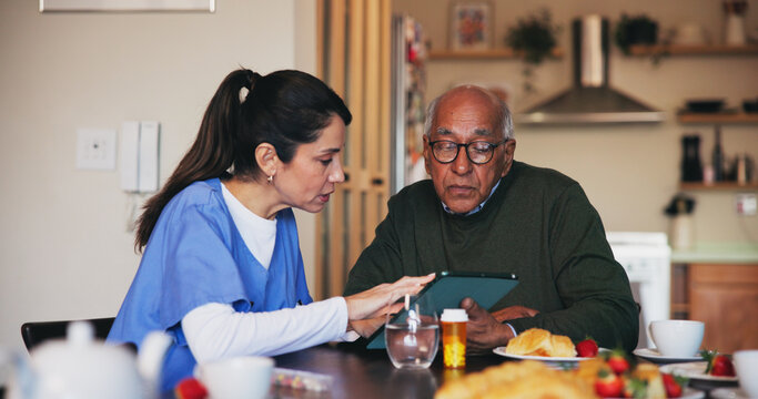 Tablet, conversation and nurse with senior man at assisted living for diet meal plan explanation. Digital technology, healthcare and caregiver with elderly patient for medication in retirement home