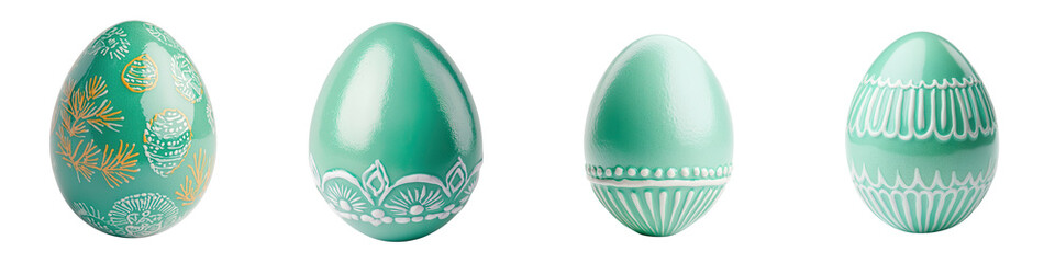 A collection of beautifully decorated Easter eggs in shades of green and turquoise featuring...