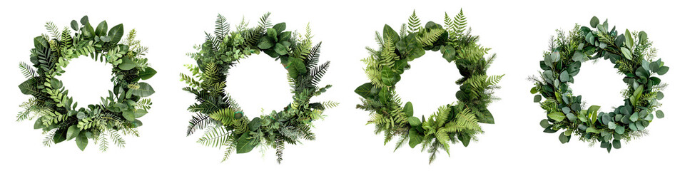 Four decorative wreaths composed of an assortment of fresh green leaves foliage and botanical elements  The wreaths feature a natural organic and elegant design perfect for holiday or seasonal decor