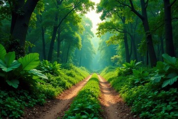 Obraz premium The dirt road leads through a dense thicket of vegetation, jungle, trees, nature