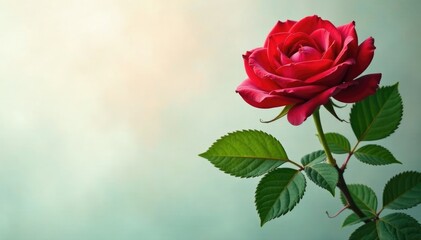 Obraz premium The intricate details of a single large red rose on a lush green branch, leaves, intricate, stem