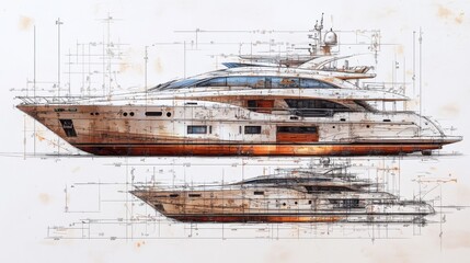 Detailed architectural drawing of a luxury yacht with reflections, showcasing design elements