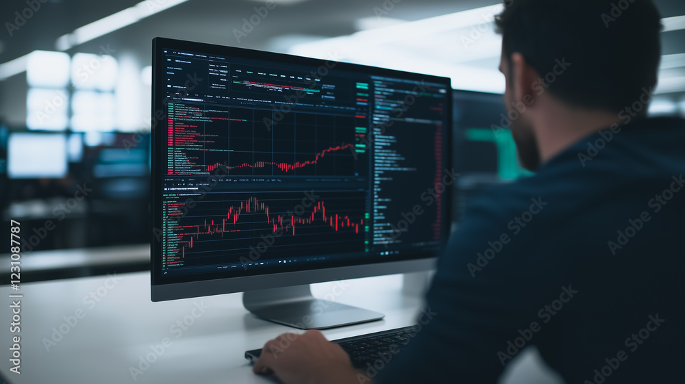 Poster data driven decisions: a businessman intently studying data charts on a computer monitor, reflecting
