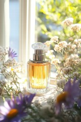 Elegant perfume bottle surrounded by fresh flowers in sunlight