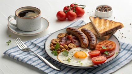 A hearty breakfast plate featuring grilled sausages, fried egg, baked beans, toasted bread, and roasted tomatoes served with a cup of coffee