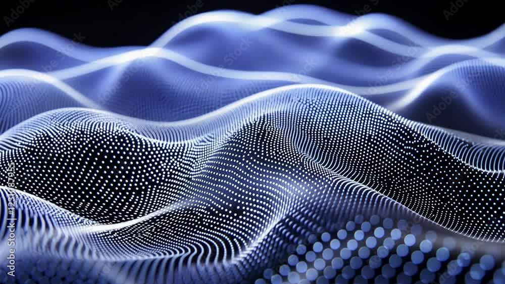 Poster visualizing abstract digital waves in mesmerizing blue tones and intricate patterns