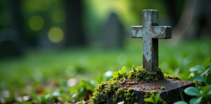 A small white cross on a worn-down grave marker with ivy, headstone, gravestone