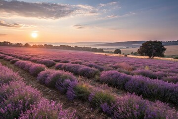 Soothing purple lavender fields bathed in warm sunlight as the day comes to a close, natural beauty, lavender field, wildflowers, field of dreams