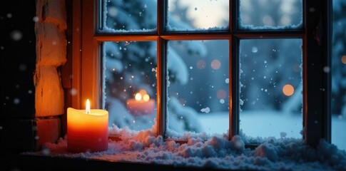 Naklejka premium A warm candlelit windowpane reflects a winter wonderland scene, frosty, snow