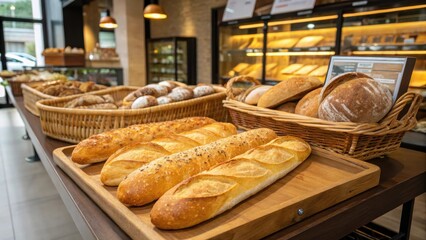 Artisan Breads Displayed in Wooden Baskets and Trays at a Bakery