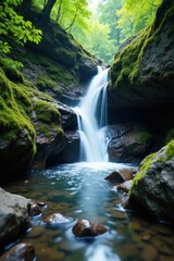 Obraz premium A waterfall tumbles over moss-covered rocks into a quiet stream, rocky, glistening