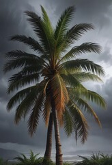 Palm tree swaying violently in strong gusts of wind amidst dark storm clouds and heavy rainfall, tropical storm, stormy weather, winding tornado