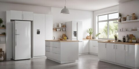 Fototapeta premium Panoramic shot of bright kitchen with white fridge, panoramic, spacious, kitchen interior, white appliance