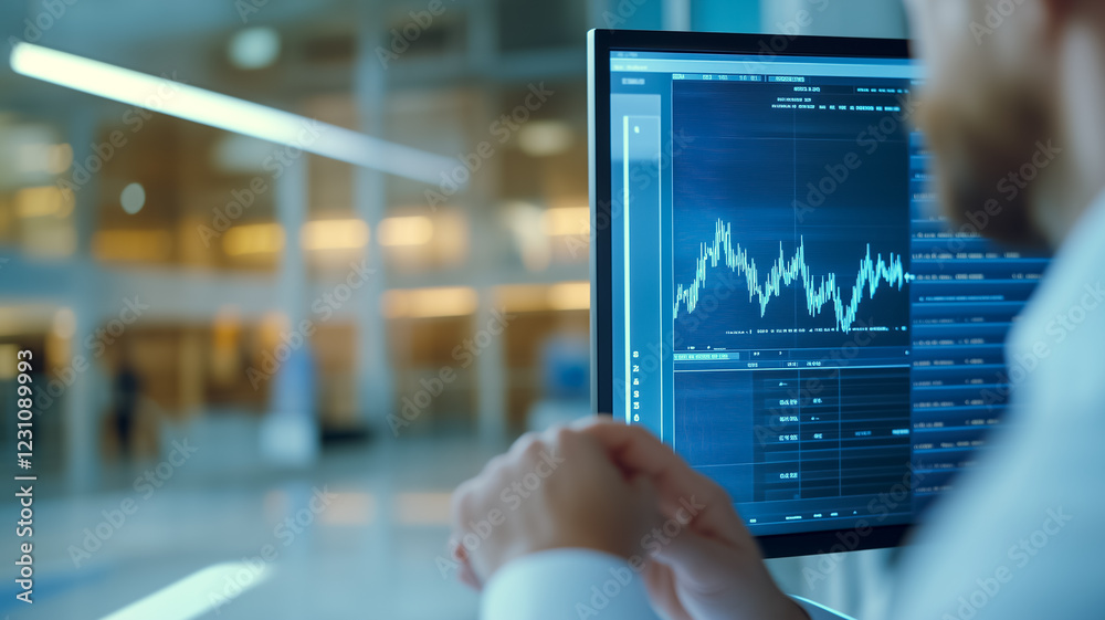 Poster analyst at work: a close-up shot of a business analyst intently analyzing a graph on a computer scre