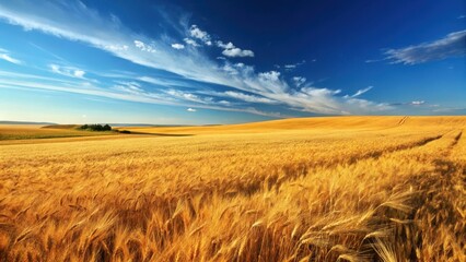 Obraz premium Golden Wheat Field Under a Vast Blue Sky with Wispy Clouds