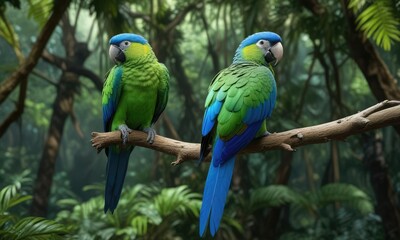 Obraz premium Parrot with bright blue and green feathers on a branch in a tropical forest, bright plumage,