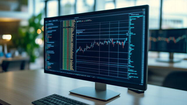 Financial Market Analysis: A close-up of a computer monitor displaying a financial chart with a rising trend line, symbolizing growth and opportunity.