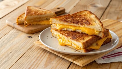 A delectable grilled cheese sandwich, perfectly toasted with melted cheese oozing from the center, served on a rustic wooden table.