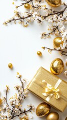Fototapeta premium A luxurious gold gift box adorned with a bow sits alongside shimmering gold eggs, embodying the spirit of Easter celebration and joy.