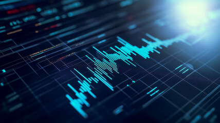 Digital Waveform: Abstract close-up of a vibrant blue waveform on a dark digital screen, suggesting data analysis, technological innovation, or the dynamic nature of digital information.  