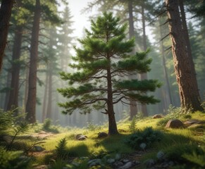 Pine tree growing through overgrown undergrowth, twisted tree roots, forest floor plants, gnarled tree trunk