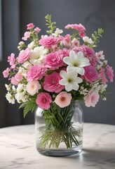 Pink and white flower arrangement in a glass container , floral, blooms, vase