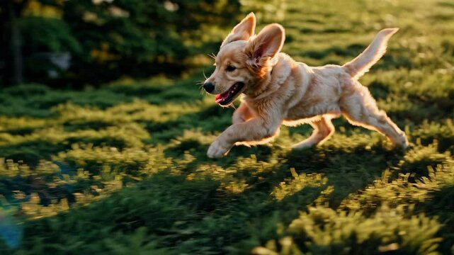 A joyful puppy running through a sunlit park, capturing the essence of freedom and happiness in a vibrant video. Low-angle camera angle.
