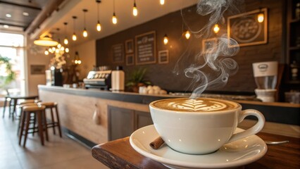 Obraz premium Aromatic Coffee with Latte Art in a Cozy Cafe Setting
