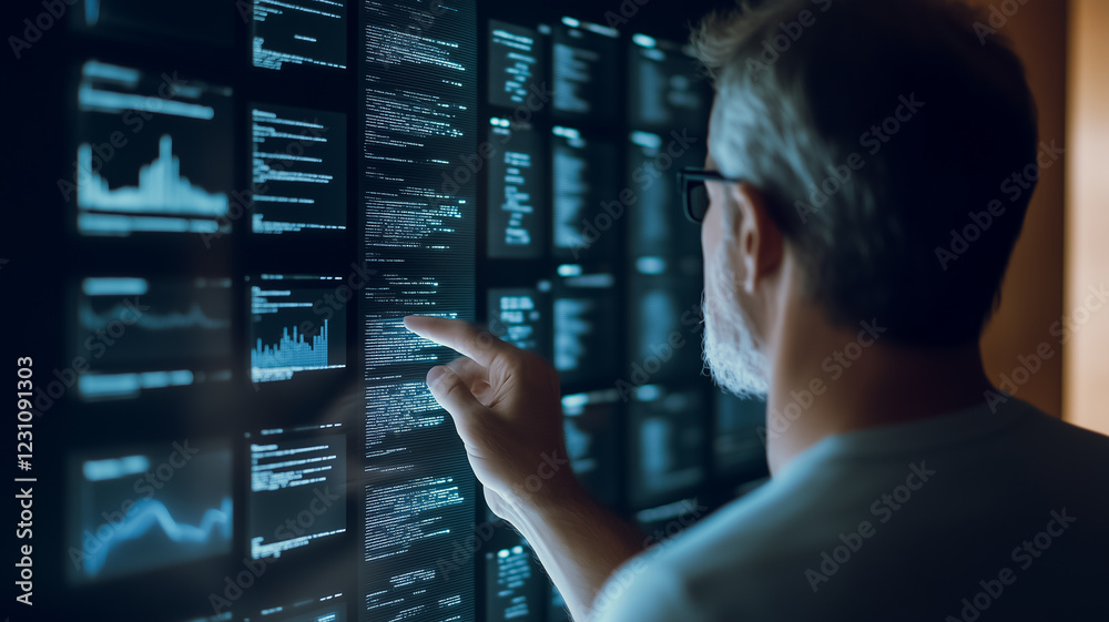 Poster data analyst at work: a focused man meticulously examines complex data streams displayed on a large 