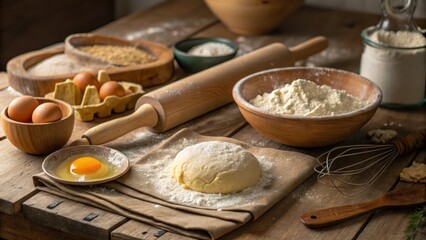 A rustic scene of homemade bread preparation, featuring a ball of dough, flour, eggs, and baking tools on a wooden table