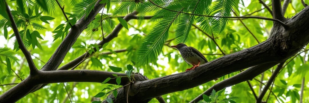 Rainforest canopy with a red-legged crake Rallina fasciata perched on a branch, fasciata, rainforest, leaves