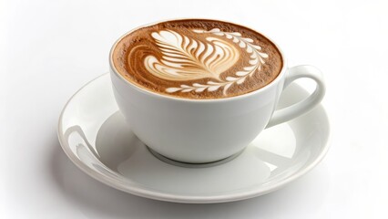 Fototapeta premium Aromatic Coffee with Intricate Latte Art in a White Cup and Saucer