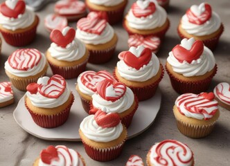 Red and White Striped Cupcakes with Heart Shaped Cookies, holiday sweets, cupcake toppers, cupcake decorations