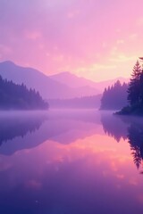 Fototapeta premium Gentle purple mist over a tranquil lake at dawn, subtle gradient, calm lake