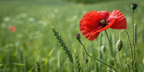 Naklejka premium Red poppy flower in a lush green background, greenery, flower
