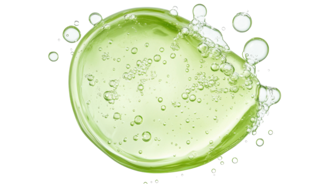 Transparent green cosmetic gel splashing with bubbles