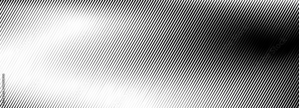 Poster Vanishing linear gradient texture. Black diagonal stripes gradation background. Thin to thick fade slanted pattern backdrop. Vector oblique parallel strokes wallpaper