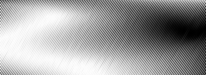 Vanishing linear gradient texture. Black diagonal stripes gradation background. Thin to thick fade slanted pattern backdrop. Vector oblique parallel strokes wallpaper