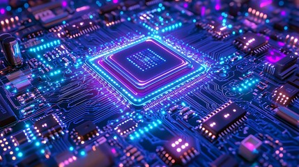 Obraz premium Abstract circuit board background with neon blue and purple lights. High-tech digital technology concept, close-up.